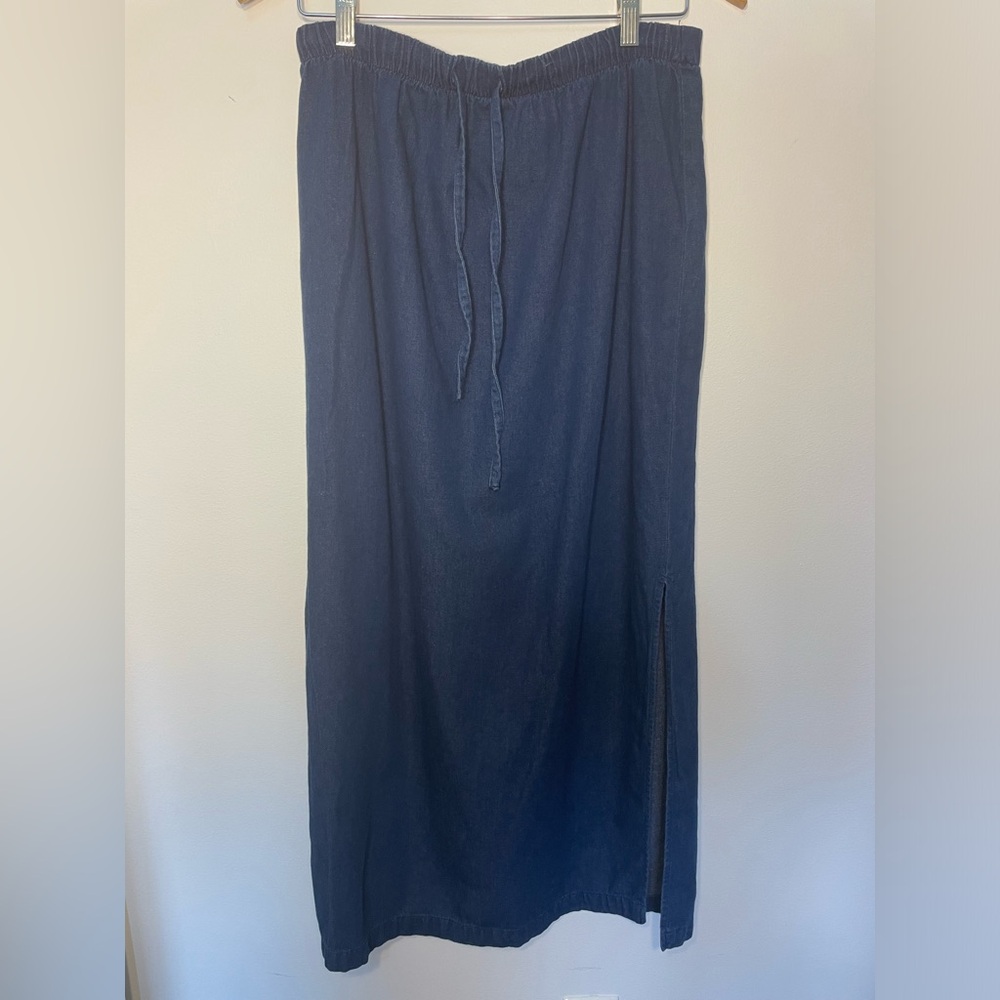 30-Leslie Fay Women Vintage Blue Denim Elastic Waist Prairie Modest Skirt Large